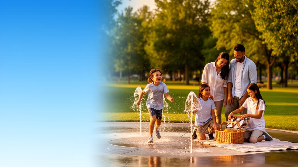Family enjoying a sunny splash-pad and picnic day out