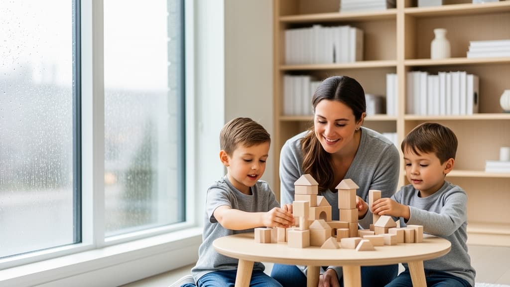 A family enjoying a rainy-day activity with natural wooden blocks