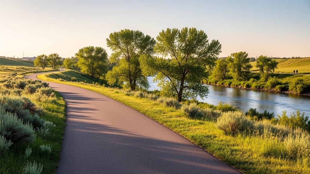 A maintained walking path through green river-valley scenery