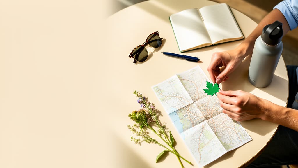 A calm trip-planning scene with a map, notebook, and local essentials