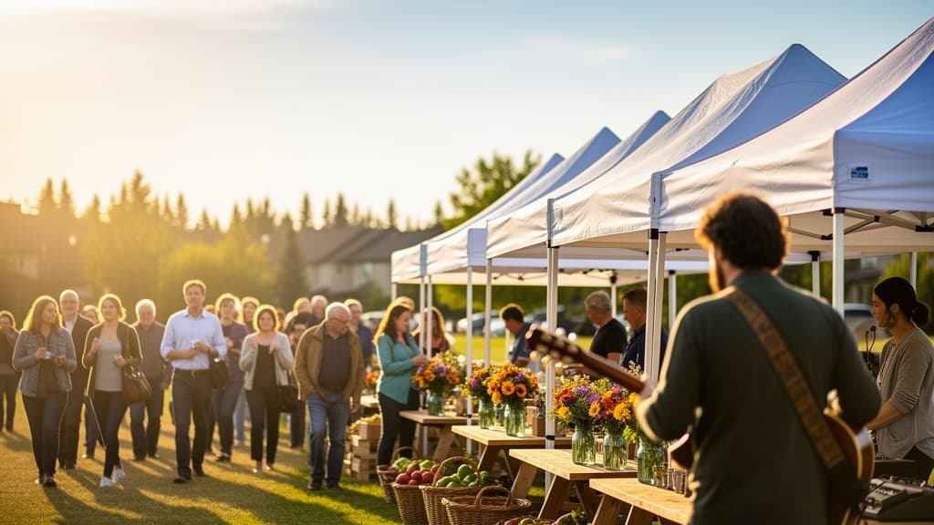 A golden-hour community market gathering outdoors